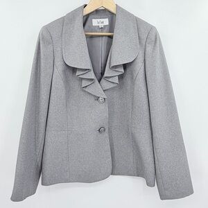 Le Suit Women's Gray Ruffled Collard Work Blazer/Jacket 2-Buttons Lined Size 14